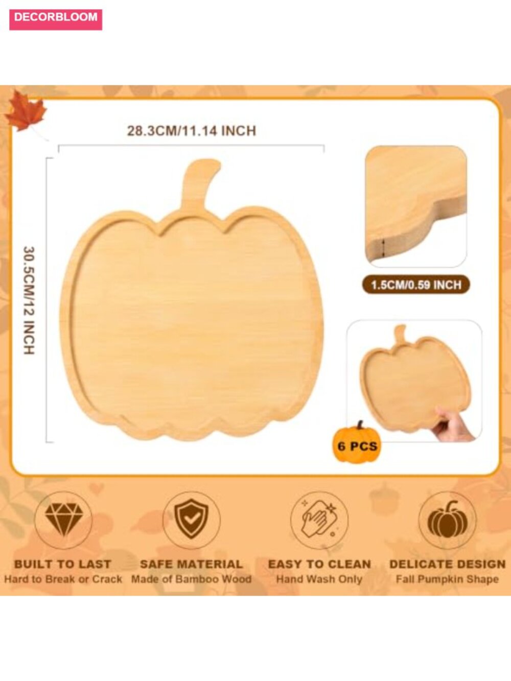 Pumpkin Wood Charcuterie Boards 12 Inch Set of 6 Thanksgiving Serving Trays - Picture 2 of 6